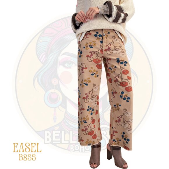 B855 EASEL Khaki Floral Printed Stretch Twill Pants - Picture 1 of 3